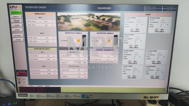 Dashboard SCADA reservoir dengan data flow dan tekanan