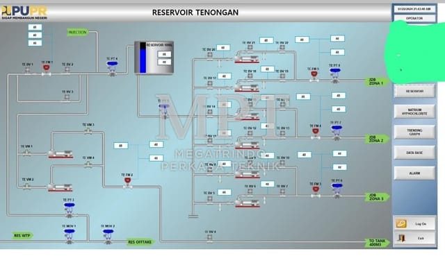 Layar HMI proses Reservoir Tenongan dengan pompa, valve, dan flow meter