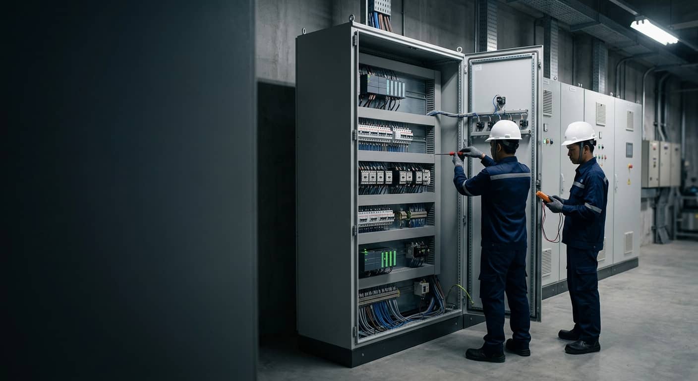 Two Megatrindo technicians checking a control panel in an industrial panel room