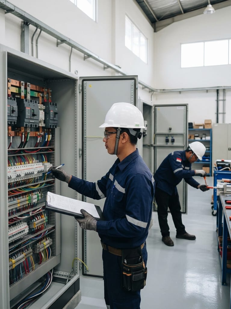 A Megatrindo technician inspecting a distribution panel with a clipboard in the workshop