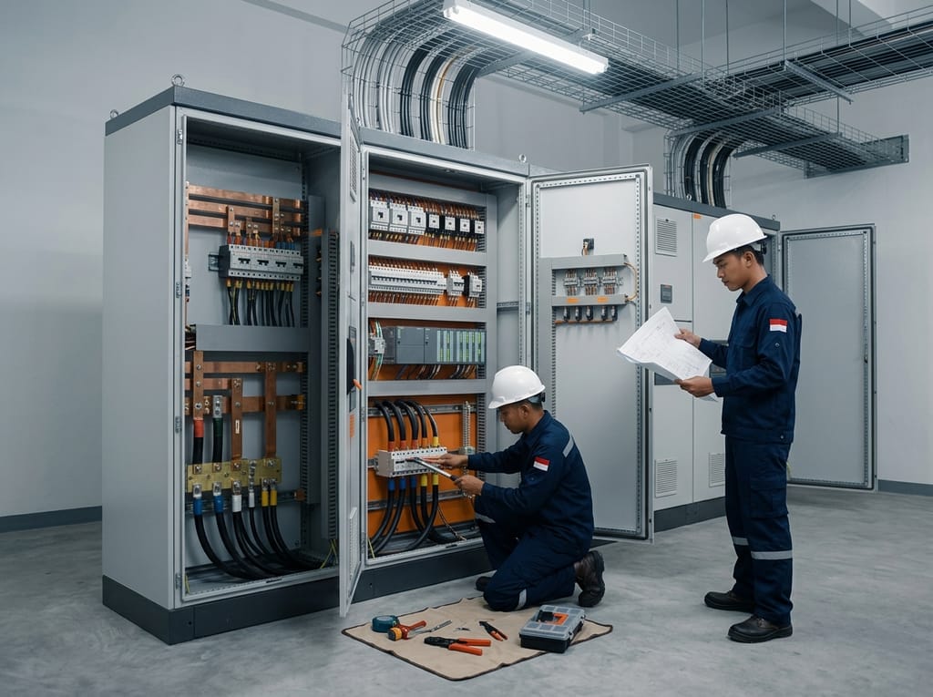A technician team installing a power panel in an electrical room