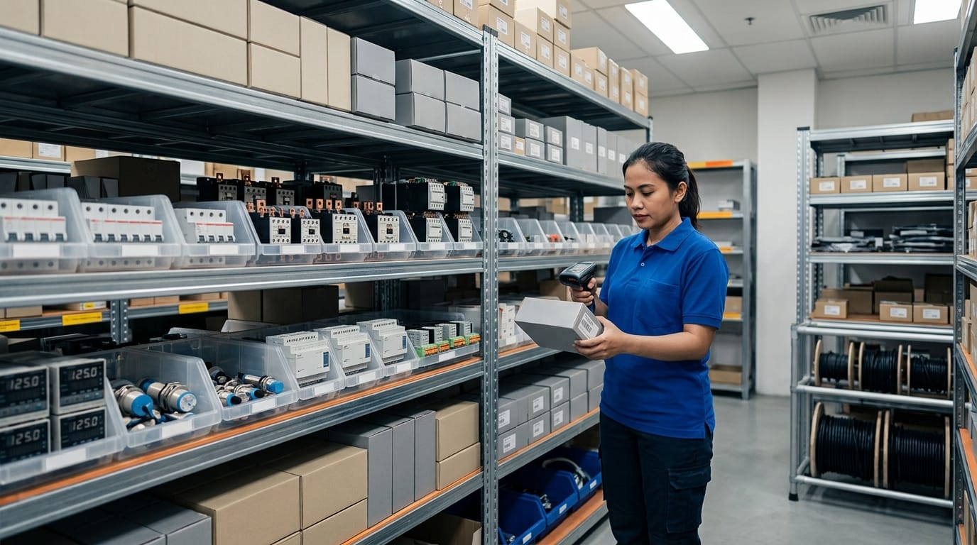 Staf gudang mengecek stok komponen electrical dan automation